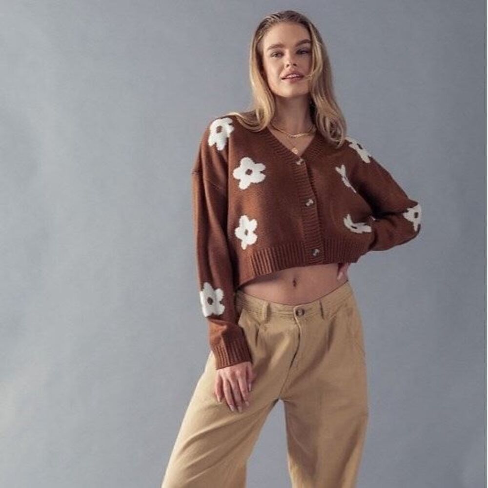 Love Tree Brown Retro Floral Cropped Cardigan‎ | M